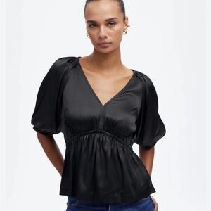 Madewell Satin Black Puff Sleeve Blouse